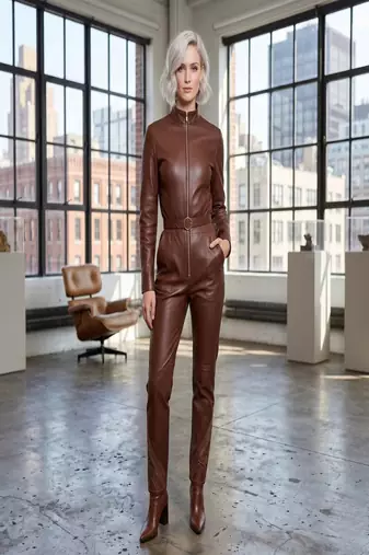 Women’s brown soft genuine lambskin leather utility long sleeve waist belted jumpsuit