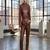 Women’s brown soft genuine lambskin leather utility long sleeve waist belted jumpsuit