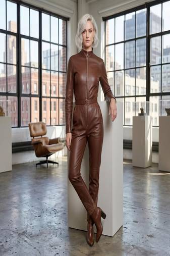 Women’s brown soft genuine lambskin leather utility long sleeve waist belted jumpsuit