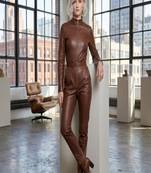 Women’s brown soft genuine lambskin leather utility long sleeve waist belted jumpsuit