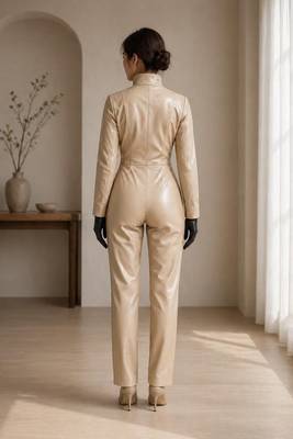 Women’s cream soft genuine lambskin leather utility long sleeve jumpsuit 2