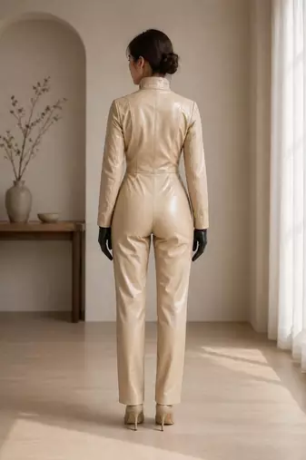 Women’s cream soft genuine lambskin leather utility long sleeve jumpsuit