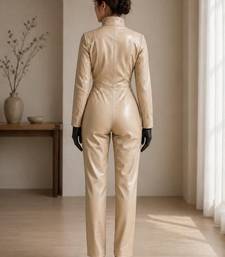 Women’s cream soft genuine lambskin leather utility long sleeve jumpsuit