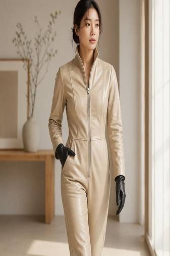 Women’s cream soft genuine lambskin leather utility long sleeve jumpsuit