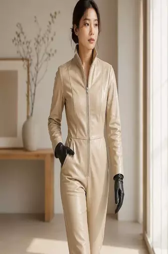 Women’s cream soft genuine lambskin leather utility long sleeve jumpsuit