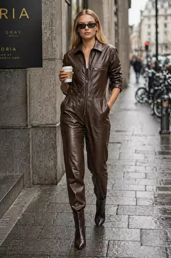 Women’s brown soft genuine lambskin leather utility long sleeve jumpsuit