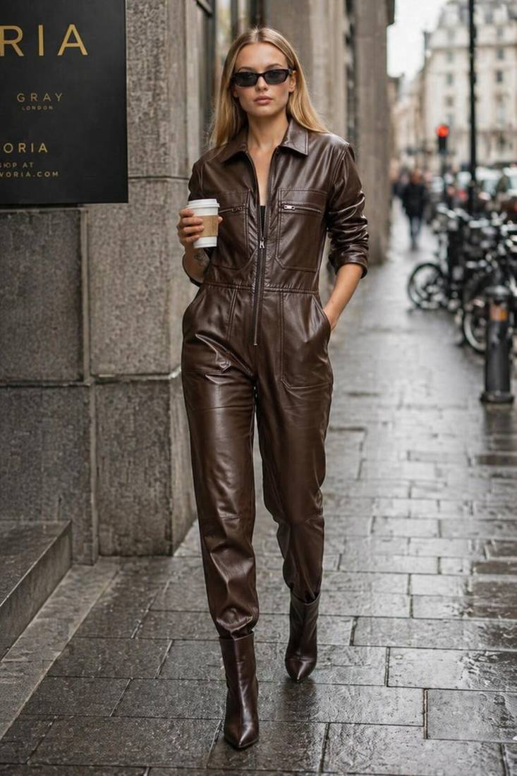 Women’s brown soft genuine lambskin leather utility long sleeve jumpsuit