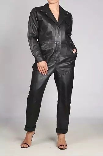Women’s black soft genuine lambskin leather utility long sleeve jumpsuit