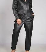 Women’s black soft genuine lambskin leather utility long sleeve jumpsuit
