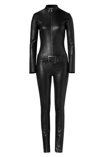 Women’s black soft genuine lambskin leather utility long sleeve jumpsuit