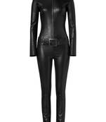 Women’s black soft genuine lambskin leather utility long sleeve jumpsuit