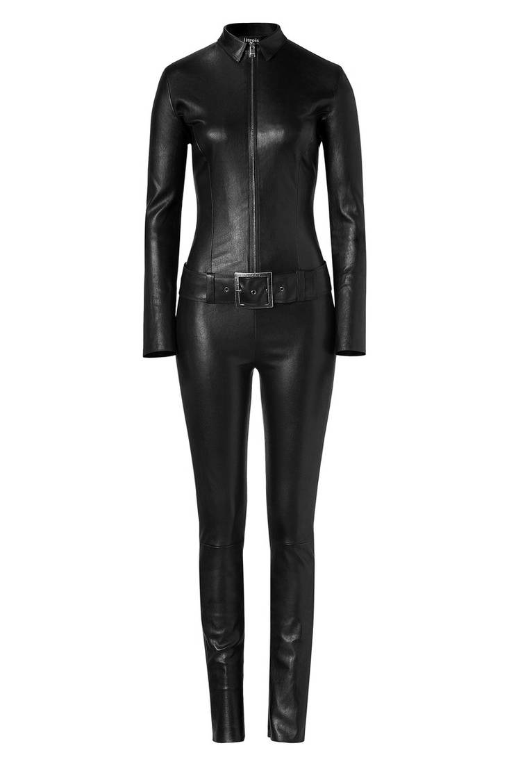 Women’s black soft genuine lambskin leather utility long sleeve jumpsuit