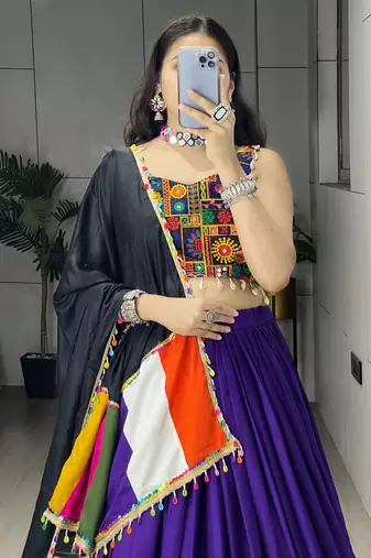 Purple Rayon Cotton Embroidery Semi stitched Navratri Chaniya Choli
