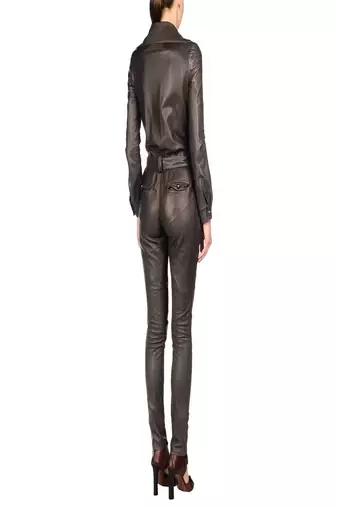 Women’s black soft genuine lambskin leather utility long sleeve zipper jumpsuit