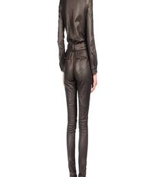 Women’s black soft genuine lambskin leather utility long sleeve zipper jumpsuit