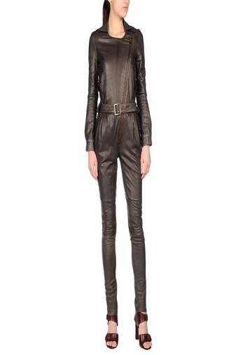 Women’s black soft genuine lambskin leather utility long sleeve zipper jumpsuit