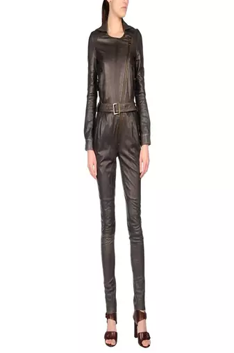 Women’s black soft genuine lambskin leather utility long sleeve zipper jumpsuit