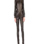 Women’s black soft genuine lambskin leather utility long sleeve zipper jumpsuit