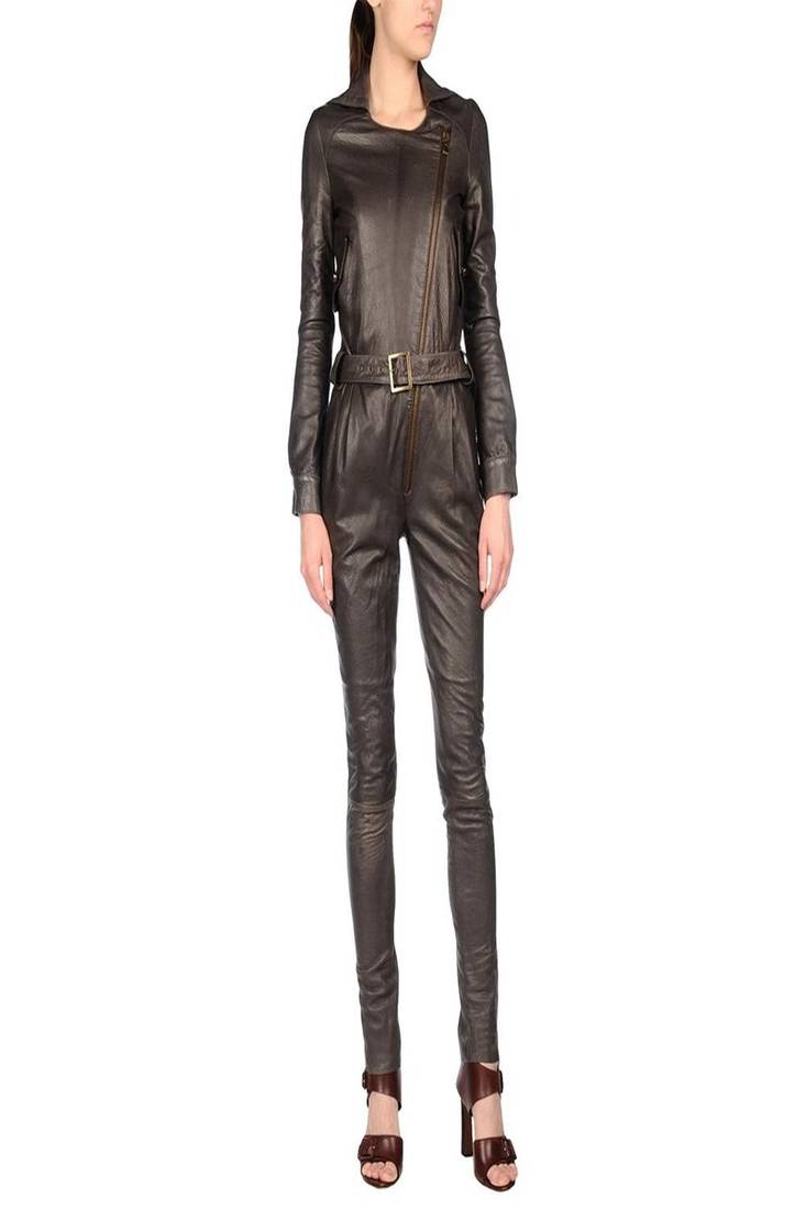 Women’s black soft genuine lambskin leather utility long sleeve zipper jumpsuit