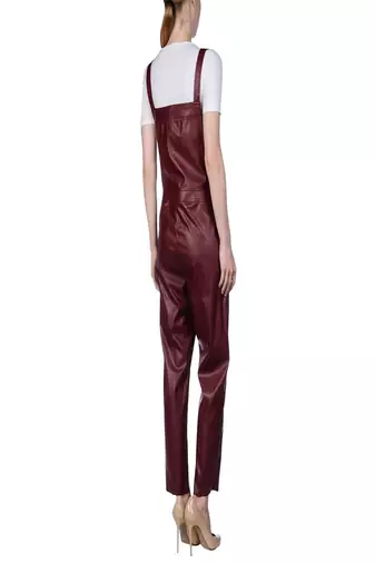 Women’s maroon soft genuine lambskin leather utility sleeveless jumpsuit