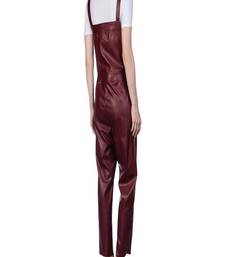 Women’s maroon soft genuine lambskin leather utility sleeveless jumpsuit