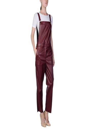 Women’s maroon soft genuine lambskin leather utility sleeveless jumpsuit
