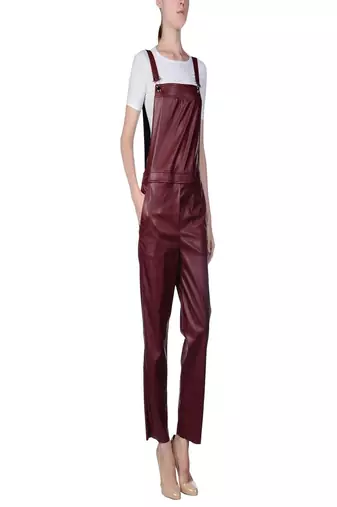 Women’s maroon soft genuine lambskin leather utility sleeveless jumpsuit