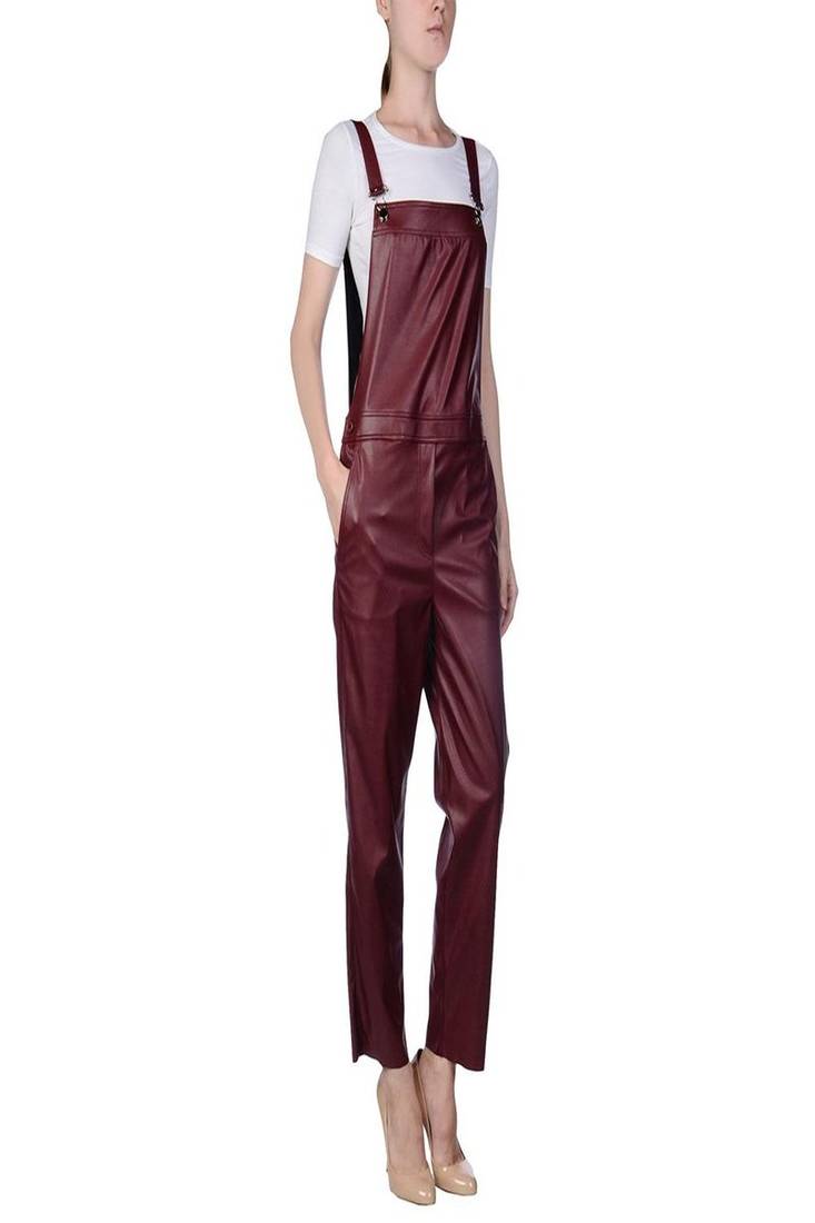 Women’s maroon soft genuine lambskin leather utility sleeveless jumpsuit