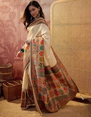 Off white viscose silk position print saree with contrast blouse piece 2