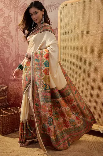 Off white viscose silk position print saree with contrast blouse piece