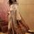Off white viscose silk position print saree with contrast blouse piece