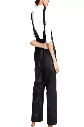 Women’s black soft genuine lambskin leather utility sleeveless jumpsuit