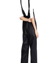 Women’s black soft genuine lambskin leather utility sleeveless jumpsuit