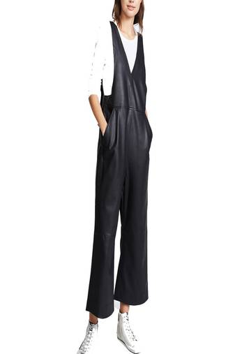 Women’s black soft genuine lambskin leather utility sleeveless jumpsuit