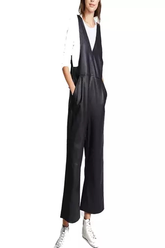 Women’s black soft genuine lambskin leather utility sleeveless jumpsuit