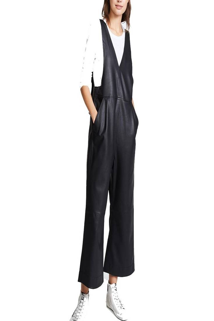 Women’s black soft genuine lambskin leather utility sleeveless jumpsuit
