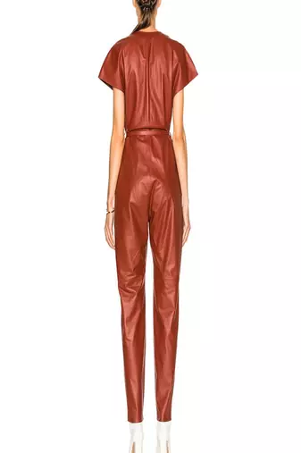Women’s brown soft genuine lambskin leather utility short sleeve jumpsuit