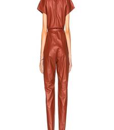 Women’s brown soft genuine lambskin leather utility short sleeve jumpsuit
