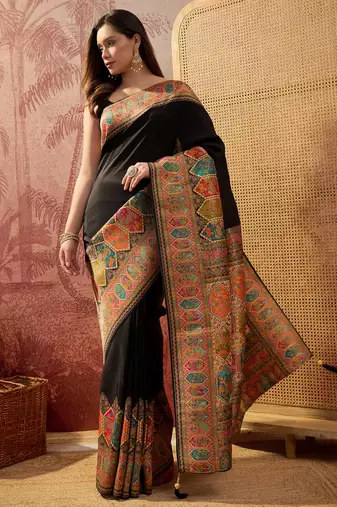 Black viscose silk position print saree with contrast blouse piece