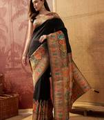 Black viscose silk position print saree with contrast blouse piece