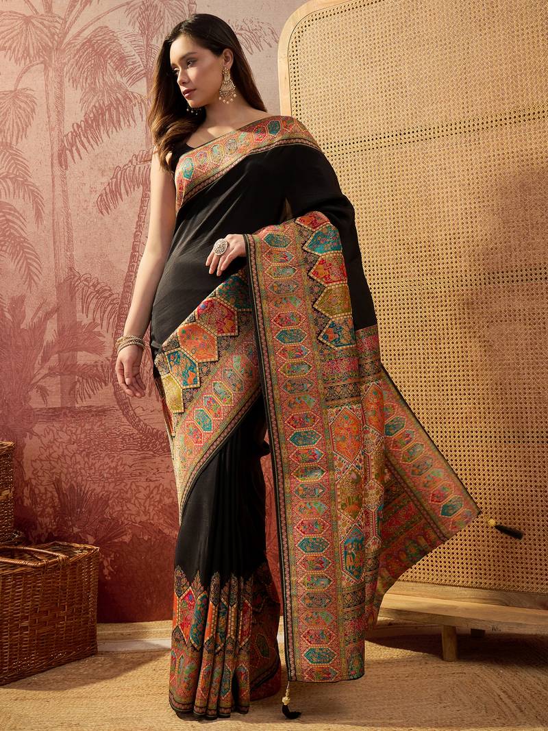 Black viscose silk position print saree with contrast blouse piece
