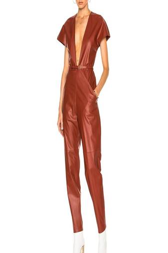 Women’s brown soft genuine lambskin leather utility short sleeve jumpsuit