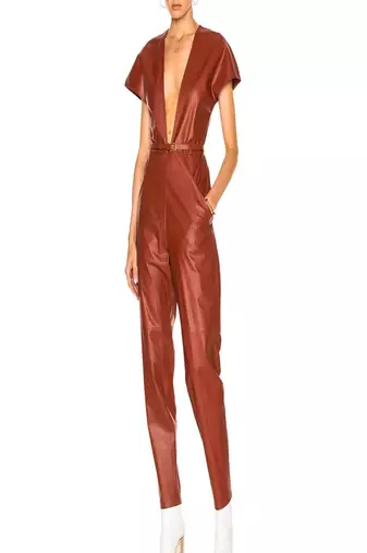Women’s brown soft genuine lambskin leather utility short sleeve jumpsuit