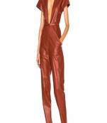 Women’s brown soft genuine lambskin leather utility short sleeve jumpsuit