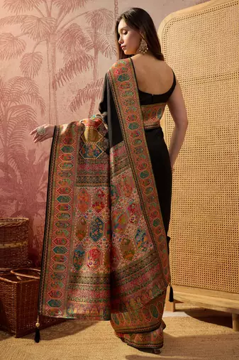 Black viscose silk position print saree with contrast blouse piece