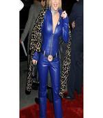 Women’s blue soft genuine lambskin leather utility long sleeve jumpsuit