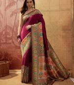 Magenta viscose silk position print saree with contrast blouse piece
