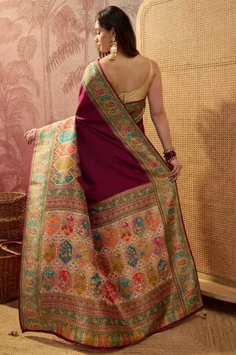 Magenta viscose silk position print saree with contrast blouse piece