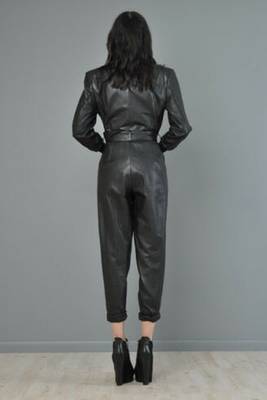 Women’s black soft genuine lambskin leather utility long sleeve with belted jumpsuit 2