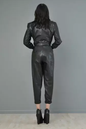 Women’s black soft genuine lambskin leather utility long sleeve with belted jumpsuit